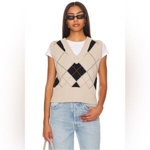 Beige Argyle Knit V-Neck Sweater Vest